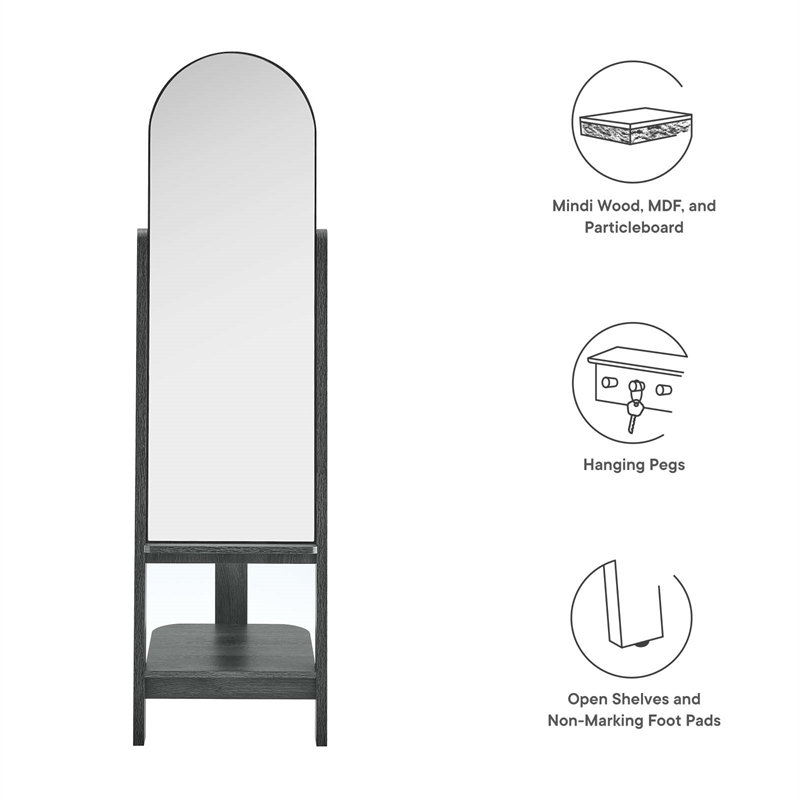 Modway Ascend Modern Wood Standing Mirror with Open Shelves in Black