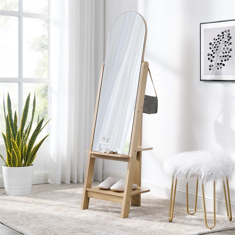 Modway Ascend Modern Wood Standing Mirror with Open Shelves in Oak