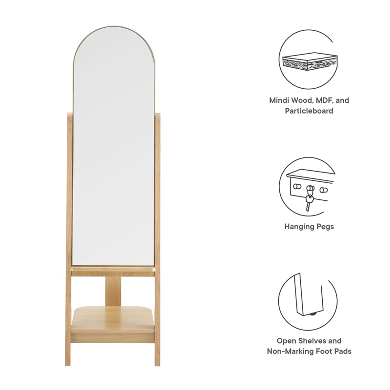 Modway Ascend Modern Wood Standing Mirror with Open Shelves in Oak