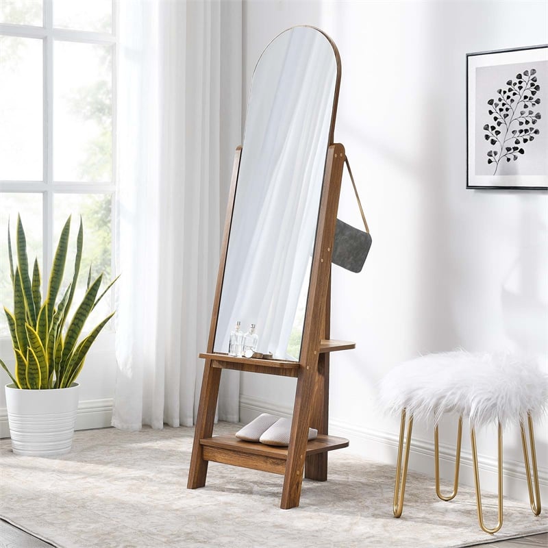 Modway Ascend Modern Wood Standing Mirror with Open Shelves in Walnut