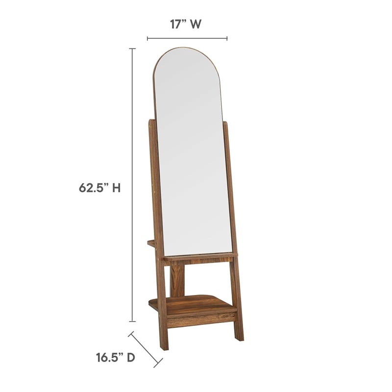Modway Ascend Modern Wood Standing Mirror with Open Shelves in Walnut