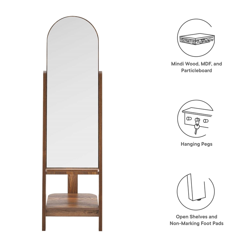 Modway Ascend Modern Wood Standing Mirror with Open Shelves in Walnut