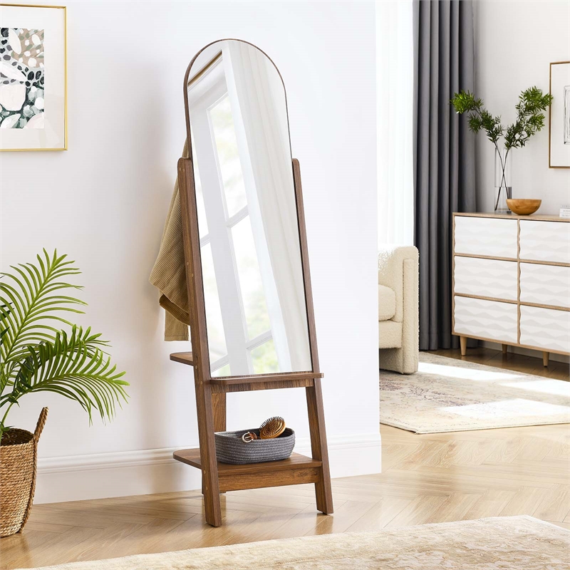 Modway Ascend Modern Wood Standing Mirror with Open Shelves in Walnut