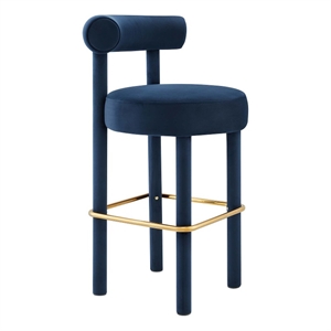 Modway Toulouse 30&quot Upholstered Velvet Fabric Bar Stool in Midnight Blue/Gold