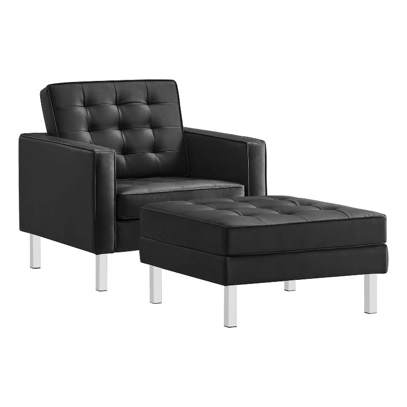 Modway Loft Vegan Leather Vinyl Armchair and Ottoman Set in Silver/Black