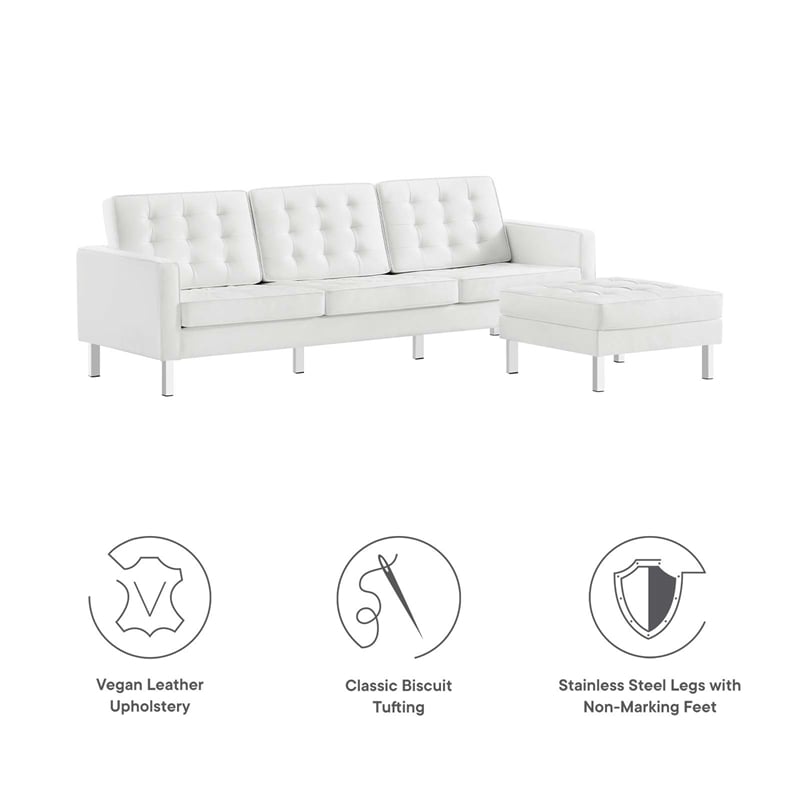 Modway Loft Tufted Vegan Leather Vinyl Sofa and Ottoman Set in Silver/White