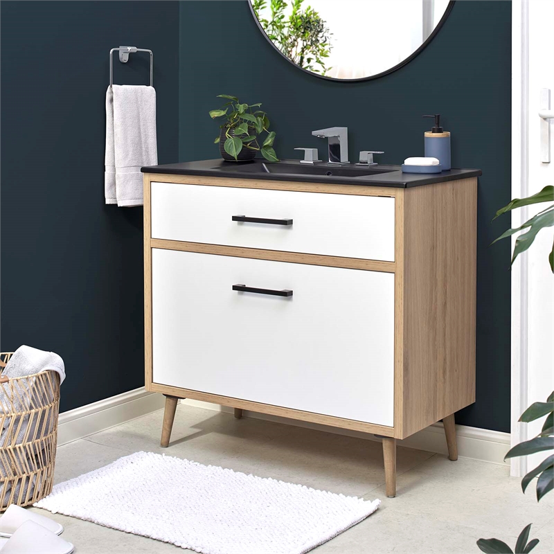 modway maverick 36&quot wood bathroom vanity with tapered legs in black/oak