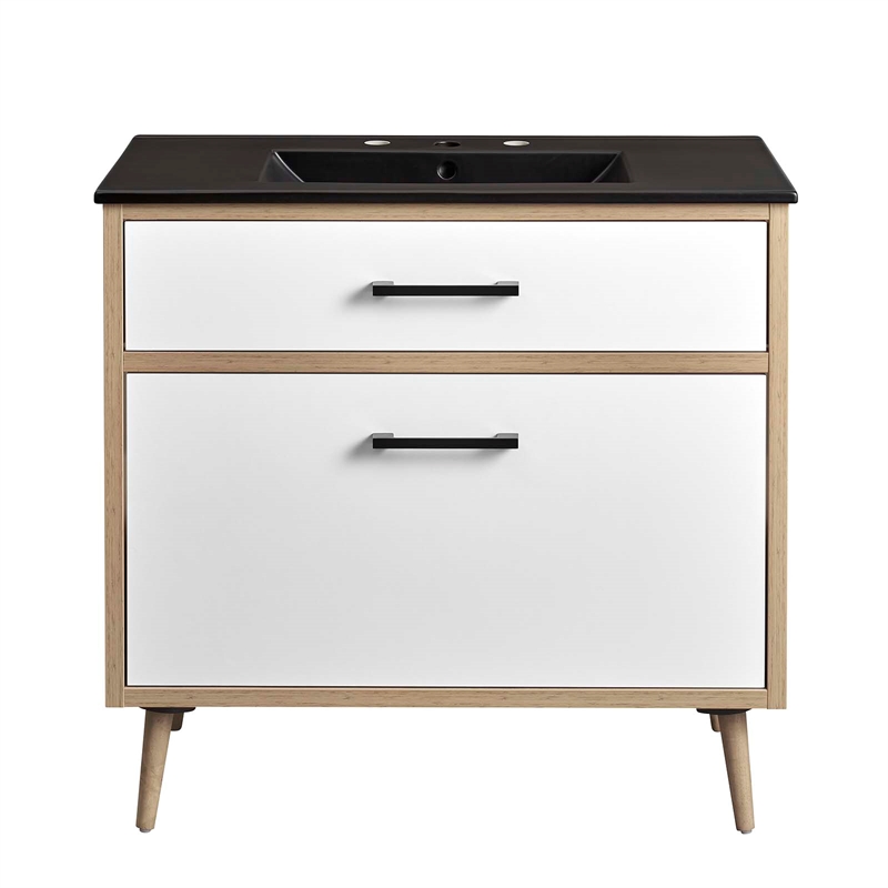 modway maverick 36&quot wood bathroom vanity with tapered legs in black/oak