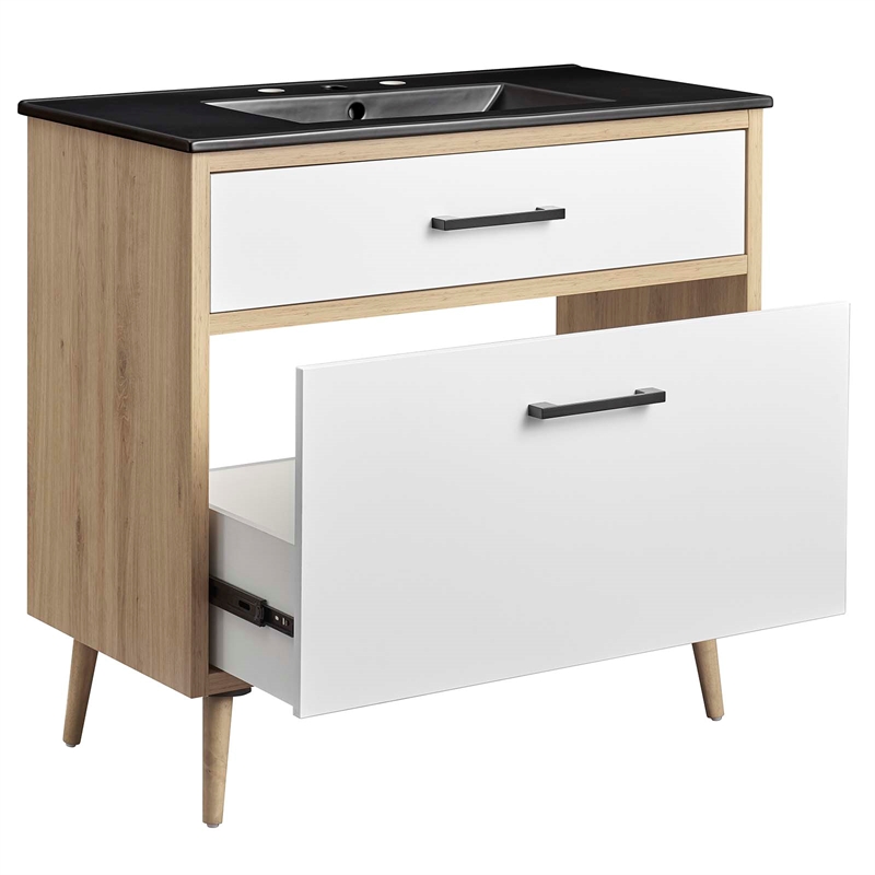 modway maverick 36&quot wood bathroom vanity with tapered legs in black/oak