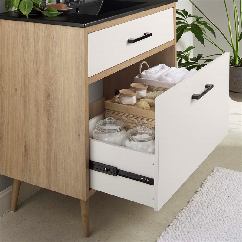 modway maverick 36&quot wood bathroom vanity with tapered legs in black/oak