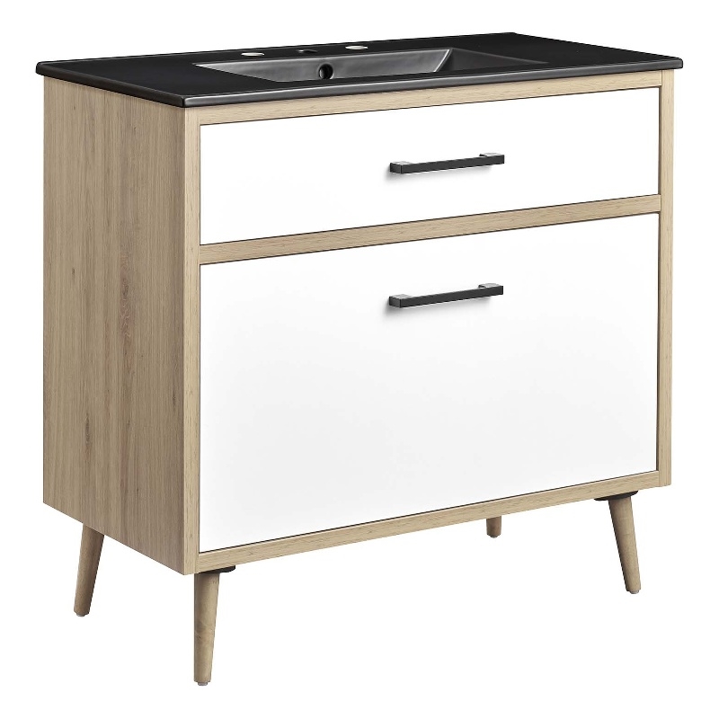 Modway Maverick 36&quot Wood Bathroom Vanity with Tapered Legs in Black/Oak