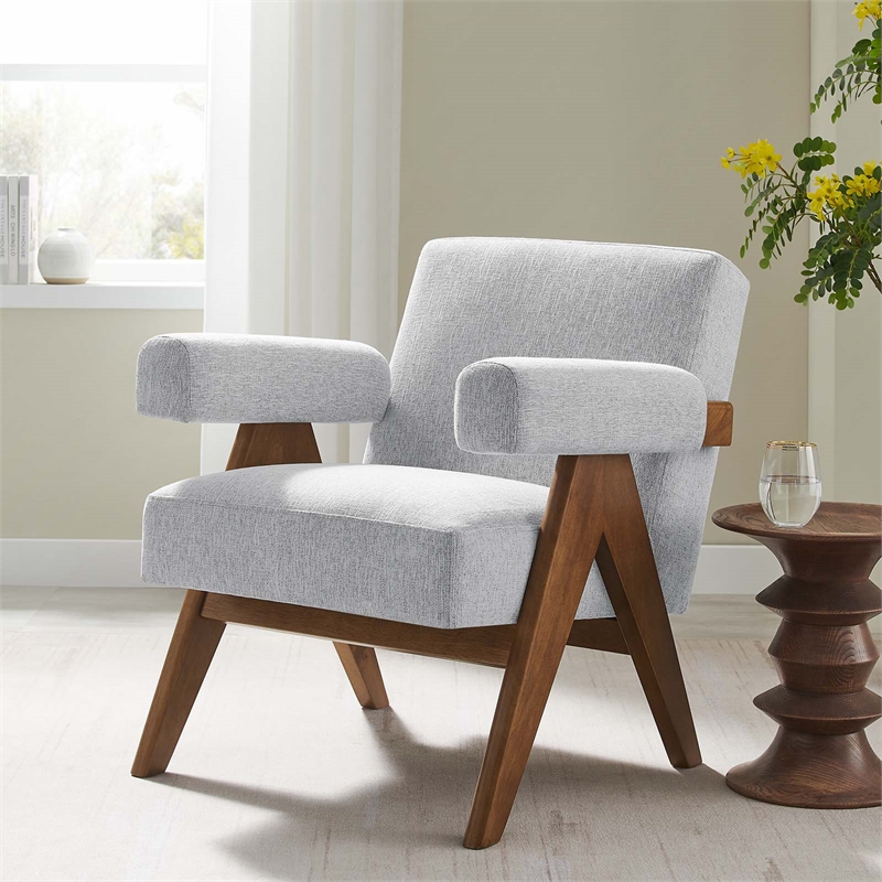 Modway Lyra Upholstered Modern Heathered Fabric Armchair in Light Gray