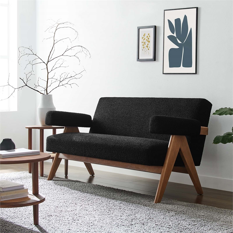 Modway Lyra Upholstered Modern Boucle Fabric Loveseat in Black
