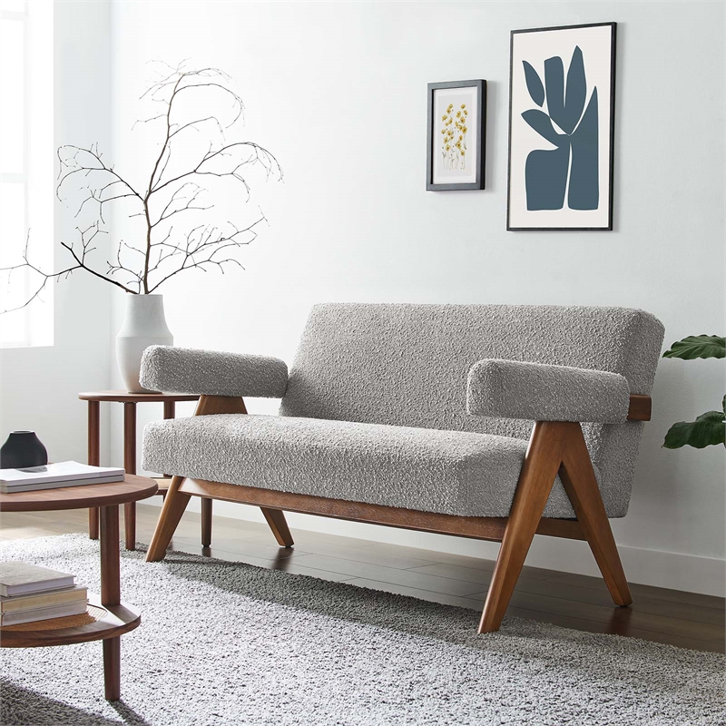 Modway Lyra Upholstered Modern Boucle Fabric Loveseat in Light Gray