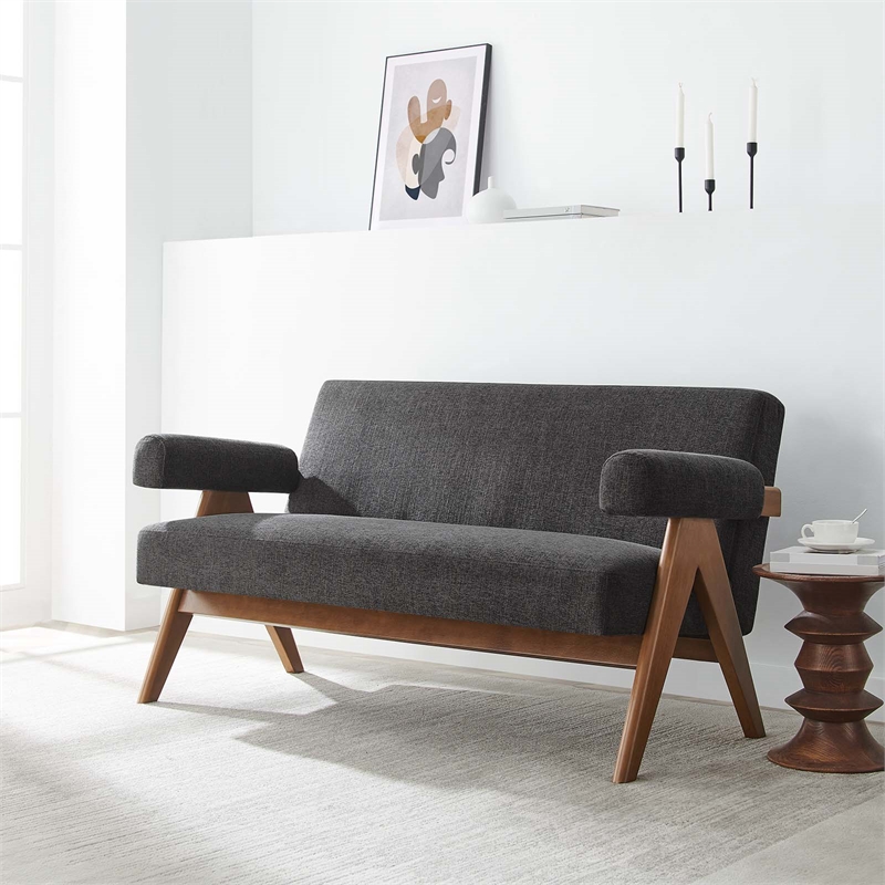 Modway Lyra Upholstered Modern Heathered Fabric Loveseat in Dark Gray