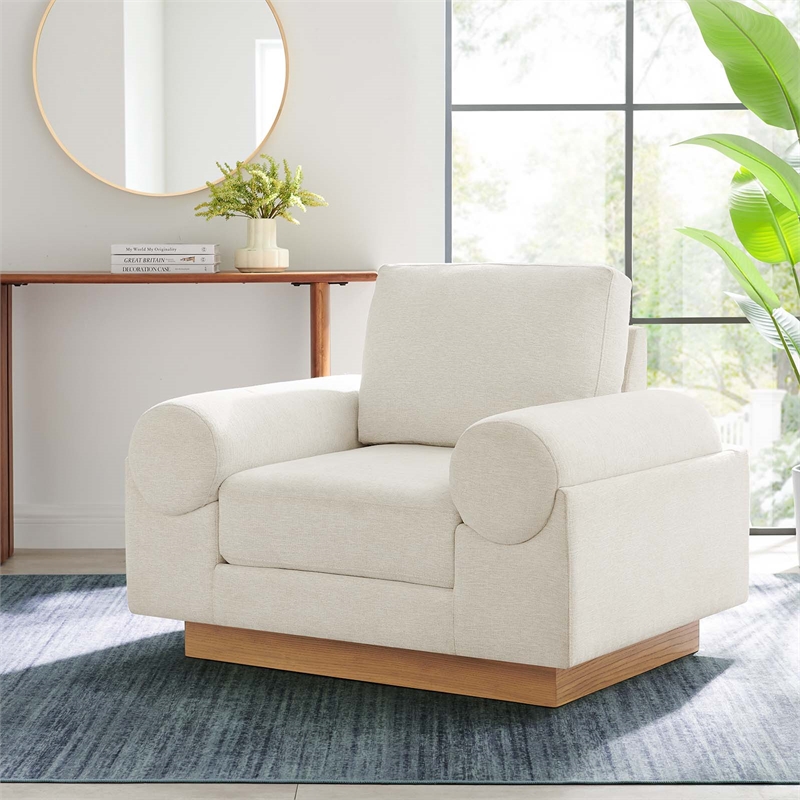 Modway Oasis Upholstered Fabric Armchair with Bolster Armrests in Ivory