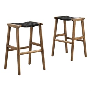 Modway Saoirse 29.5&quot Woven Leather & Wood Bar Stool in Black/Walnut (Set of 2)