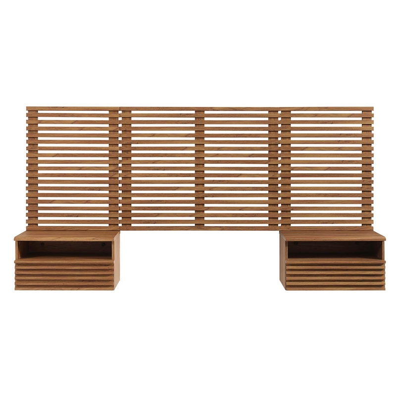 Modway Render Modern Wood Twin Headboard and Nightstands in Walnut