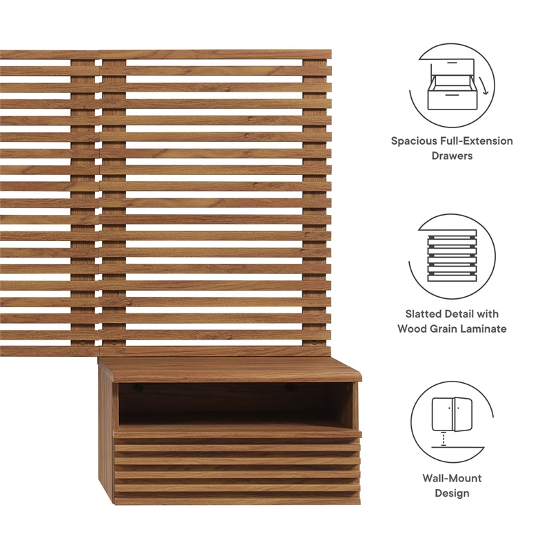 Modway Render Modern Wood Twin Headboard and Nightstands in Walnut