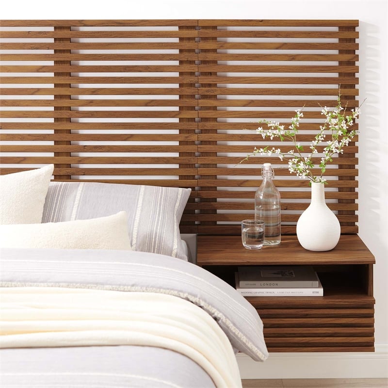 Modway Render Modern Wood Twin Headboard and Nightstands in Walnut