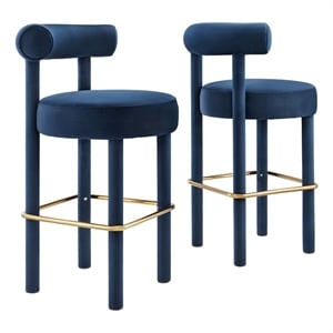 Modway Toulouse 30&quot Upholstered Fabric Bar Stool in Blue/Gold (Set of 2)