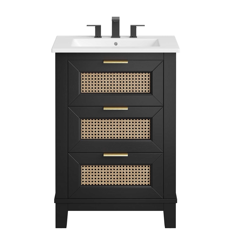 modway dixie 24&quot solid wood bathroom vanity with tapered legs in black and white