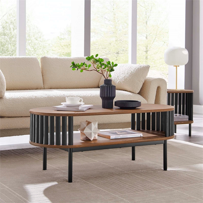 Modway Fortitude Oval Wood Coffee Table with Open Storage in Walnut/Black
