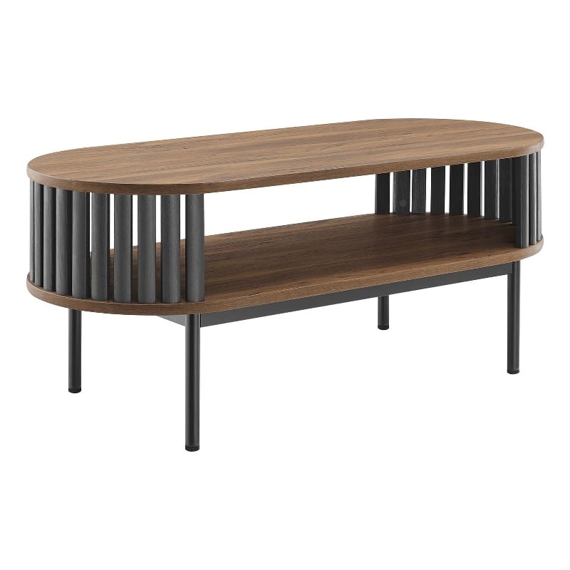 Modway Fortitude Oval Wood Coffee Table with Open Storage in Walnut/Black
