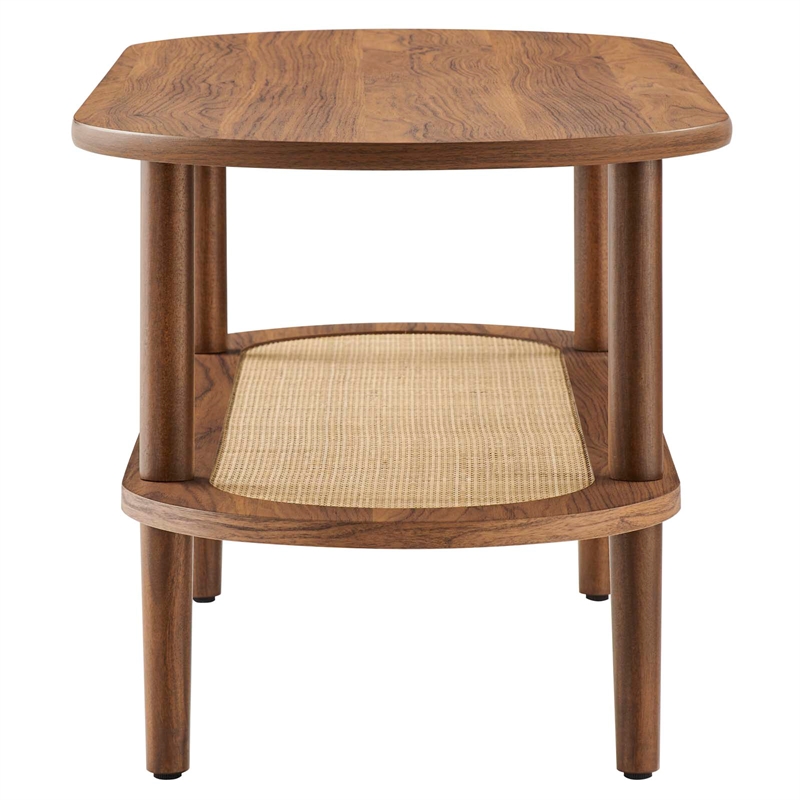 Modway Torus Oval Wood Coffee Table with Lower Rattan Shelf in Walnut