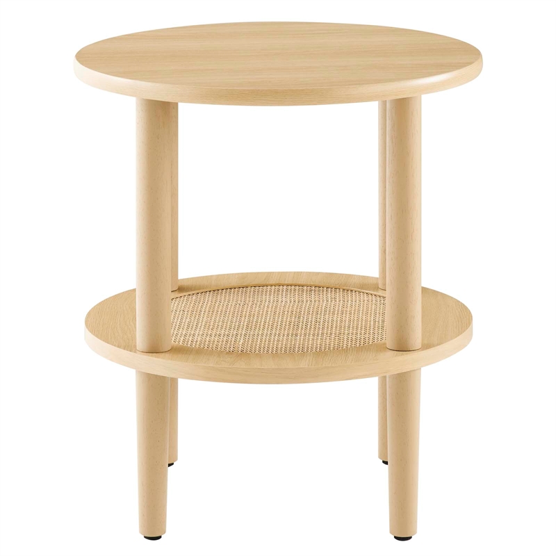 Modway Torus Round Wood Side Table with Lower Rattan Shelf in Oak