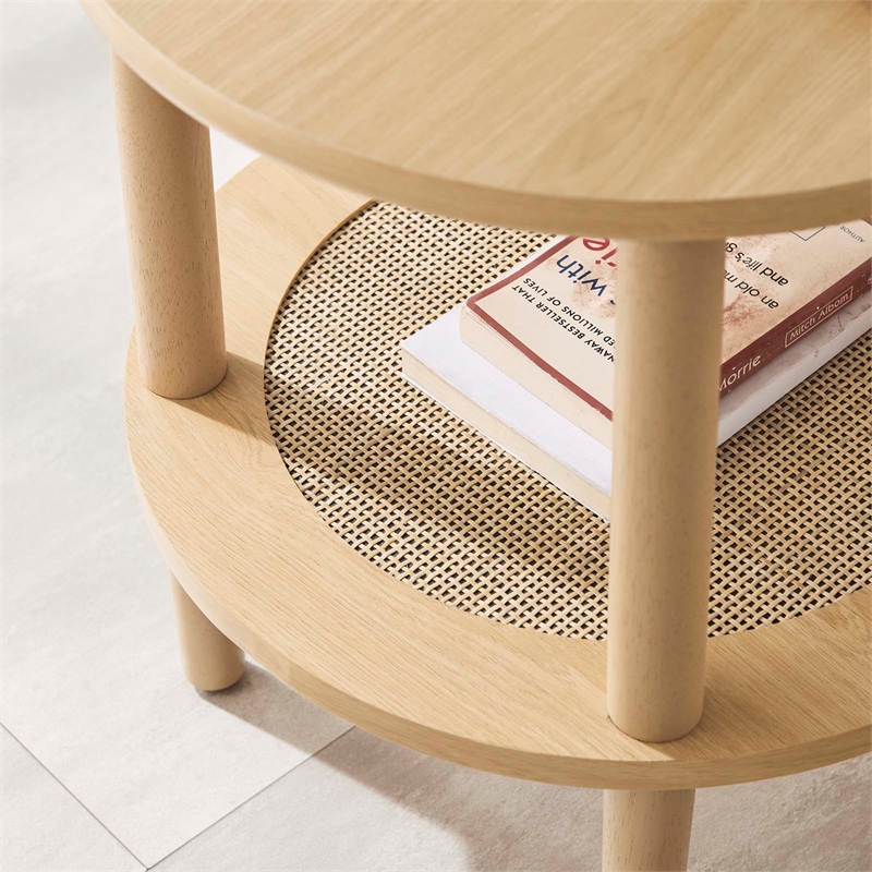 Modway Torus Round Wood Side Table with Lower Rattan Shelf in Oak