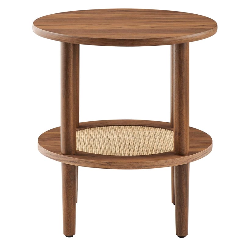 Modway Torus Round Wood Side Table with Lower Rattan Shelf in Walnut