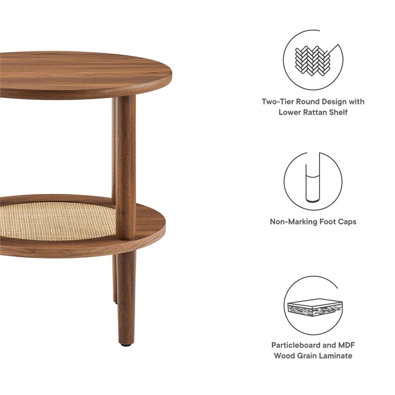 Modway Torus Round Wood Side Table with Lower Rattan Shelf in Walnut