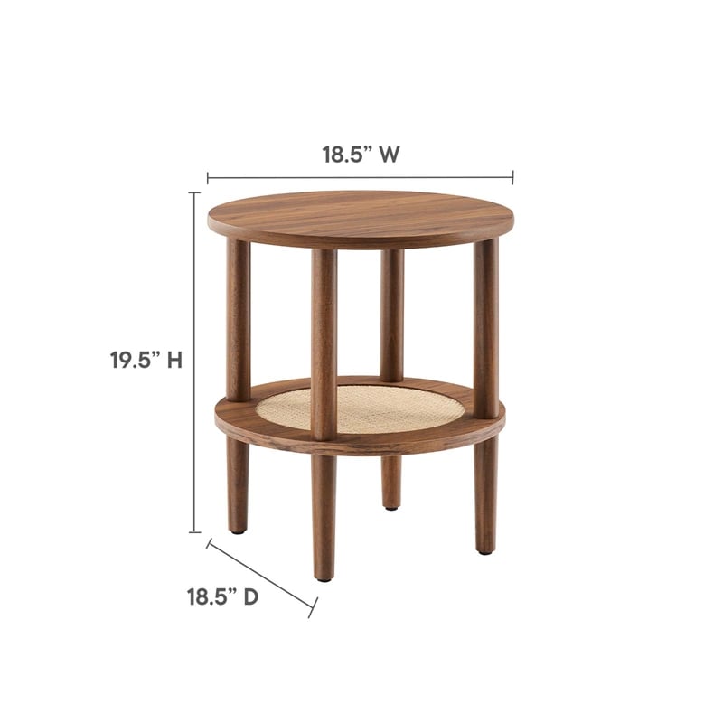 Modway Torus Round Wood Side Table with Lower Rattan Shelf in Walnut