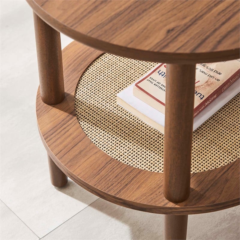 Modway Torus Round Wood Side Table with Lower Rattan Shelf in Walnut