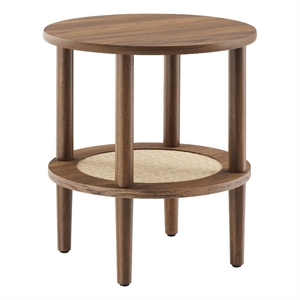 Modway Torus Round Wood Side Table with Lower Rattan Shelf in Walnut