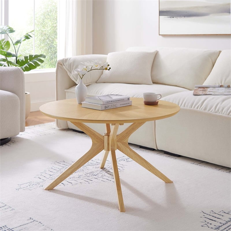 Modway Crossroads Round Modern Wood Coffee Table with Legs in Oak