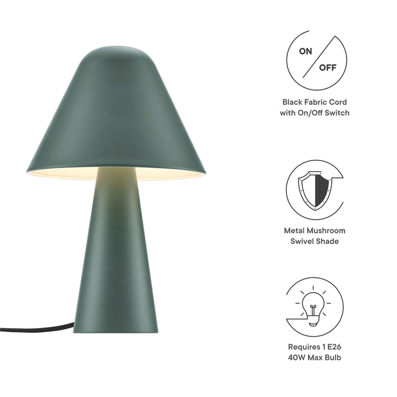 Modway Jovial Metal Mushroom Table Lamp with Swivel Shade in Green