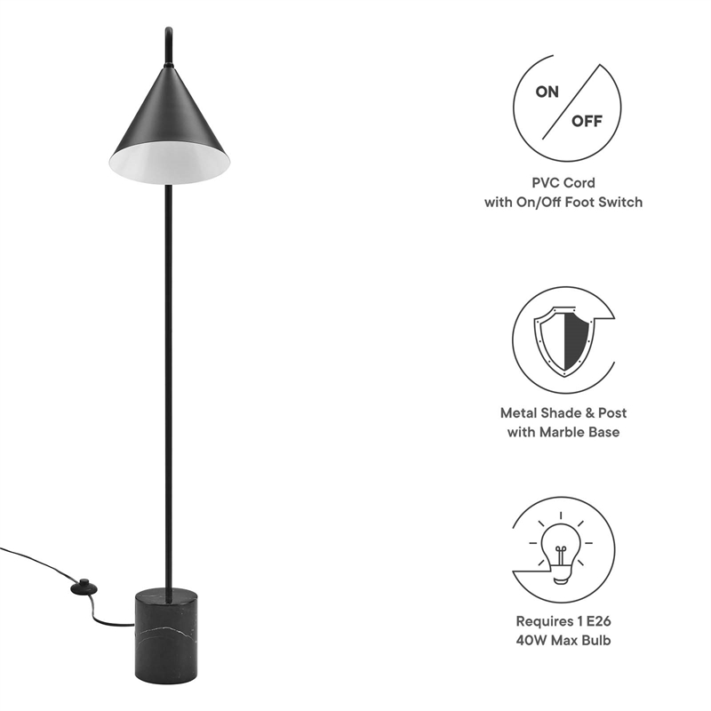 Modway Ayla Marble & Metal Floor Lamp with Cone Shade in Black