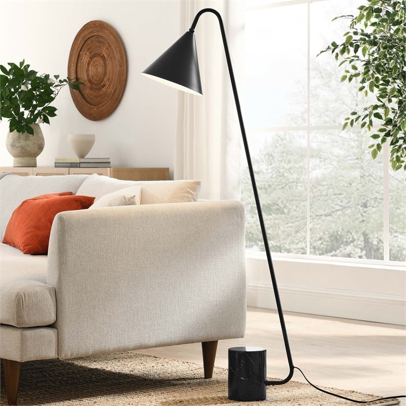Modway Ayla Marble & Metal Floor Lamp with Cone Shade in Black
