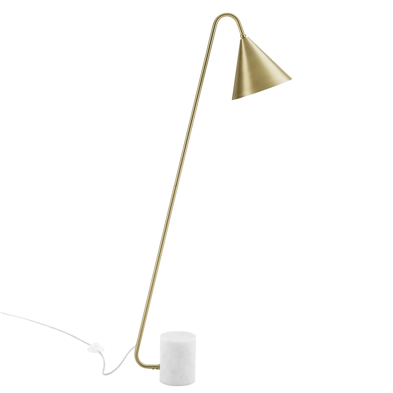 Modway Ayla Marble & Metal Floor Lamp with Cone Shade in Satin Brass