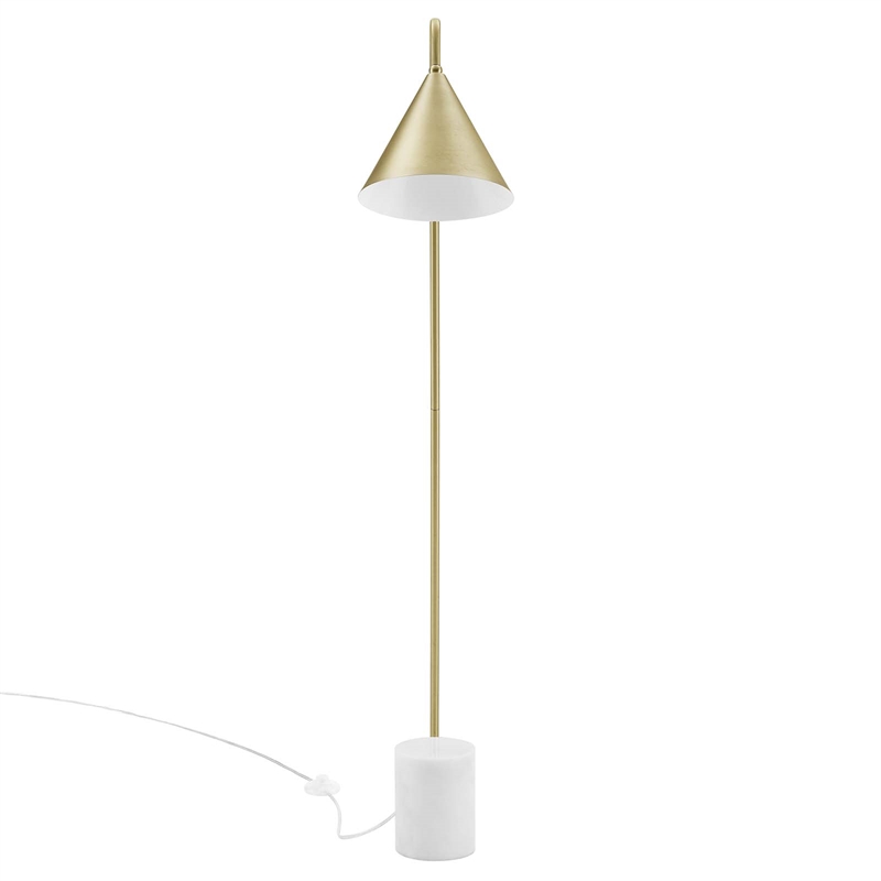 Modway Ayla Marble & Metal Floor Lamp with Cone Shade in Satin Brass