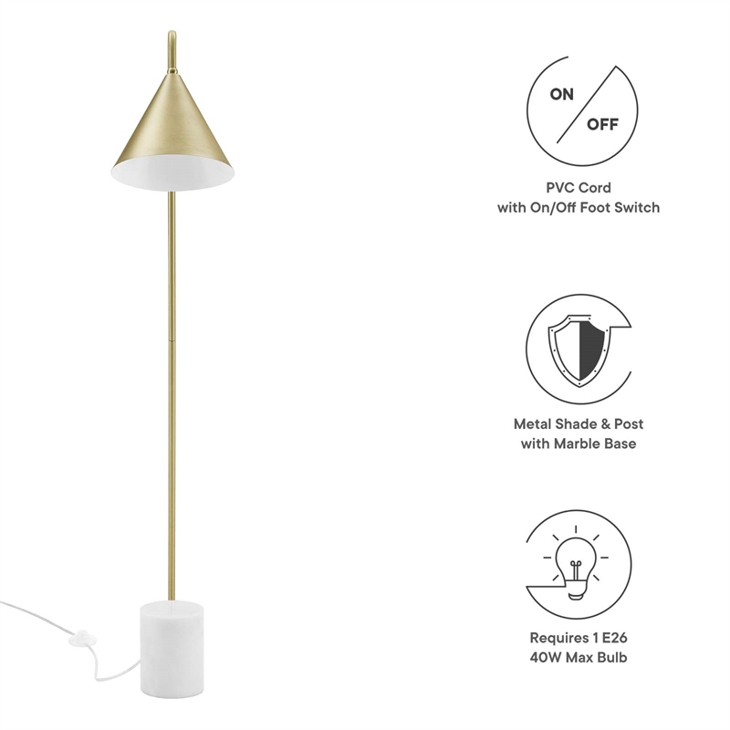 Modway Ayla Marble & Metal Floor Lamp with Cone Shade in Satin Brass