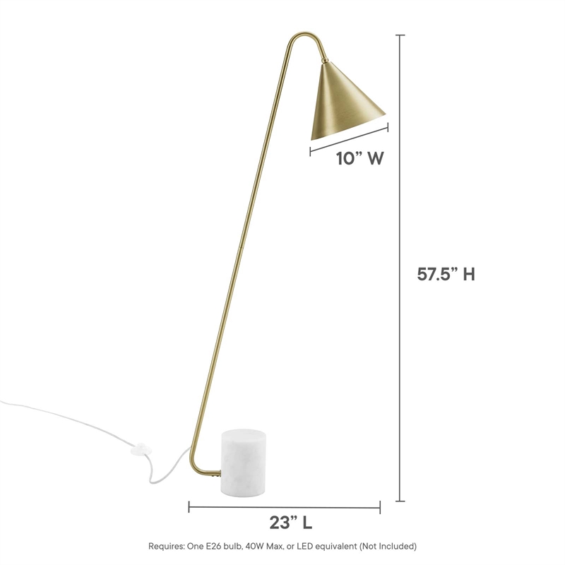 Modway Ayla Marble & Metal Floor Lamp with Cone Shade in Satin Brass