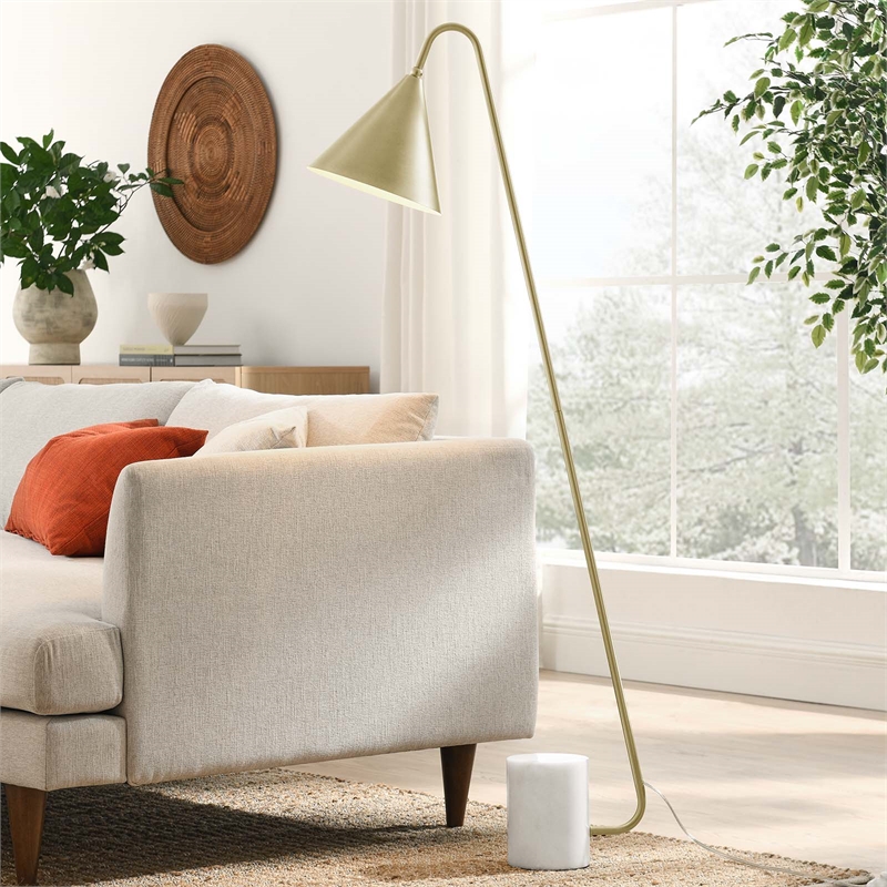 Modway Ayla Marble & Metal Floor Lamp with Cone Shade in Satin Brass