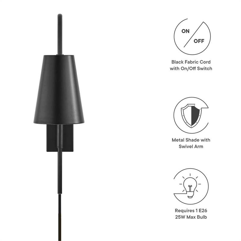 Modway Faye Metal & Fabric Wall Sconce with Swivel Arm in Black