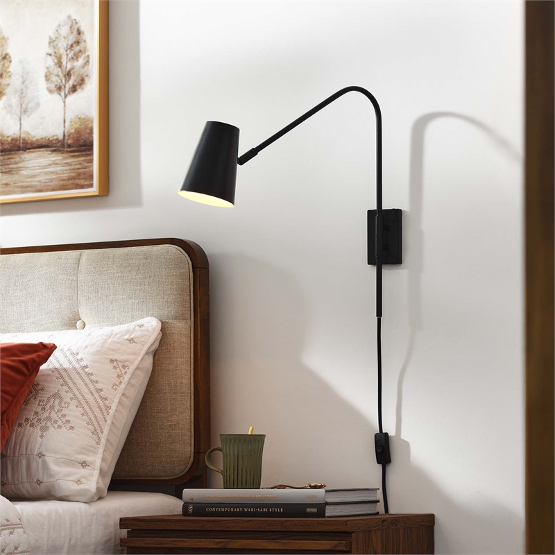 Modway Faye Metal & Fabric Wall Sconce with Swivel Arm in Black