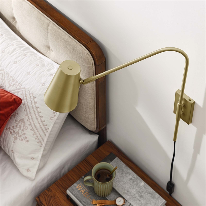 Modway Faye Metal & Fabric Wall Sconce with Swivel Arm in Satin Brass