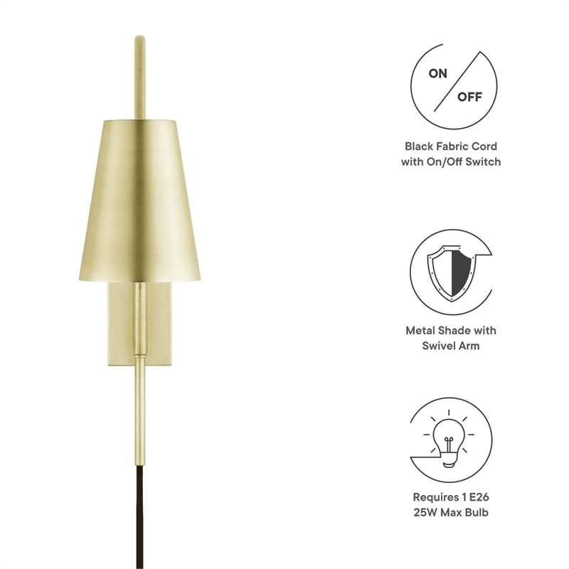 Modway Faye Metal & Fabric Wall Sconce with Swivel Arm in Satin Brass