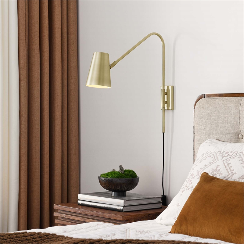 Modway Faye Metal & Fabric Wall Sconce with Swivel Arm in Satin Brass